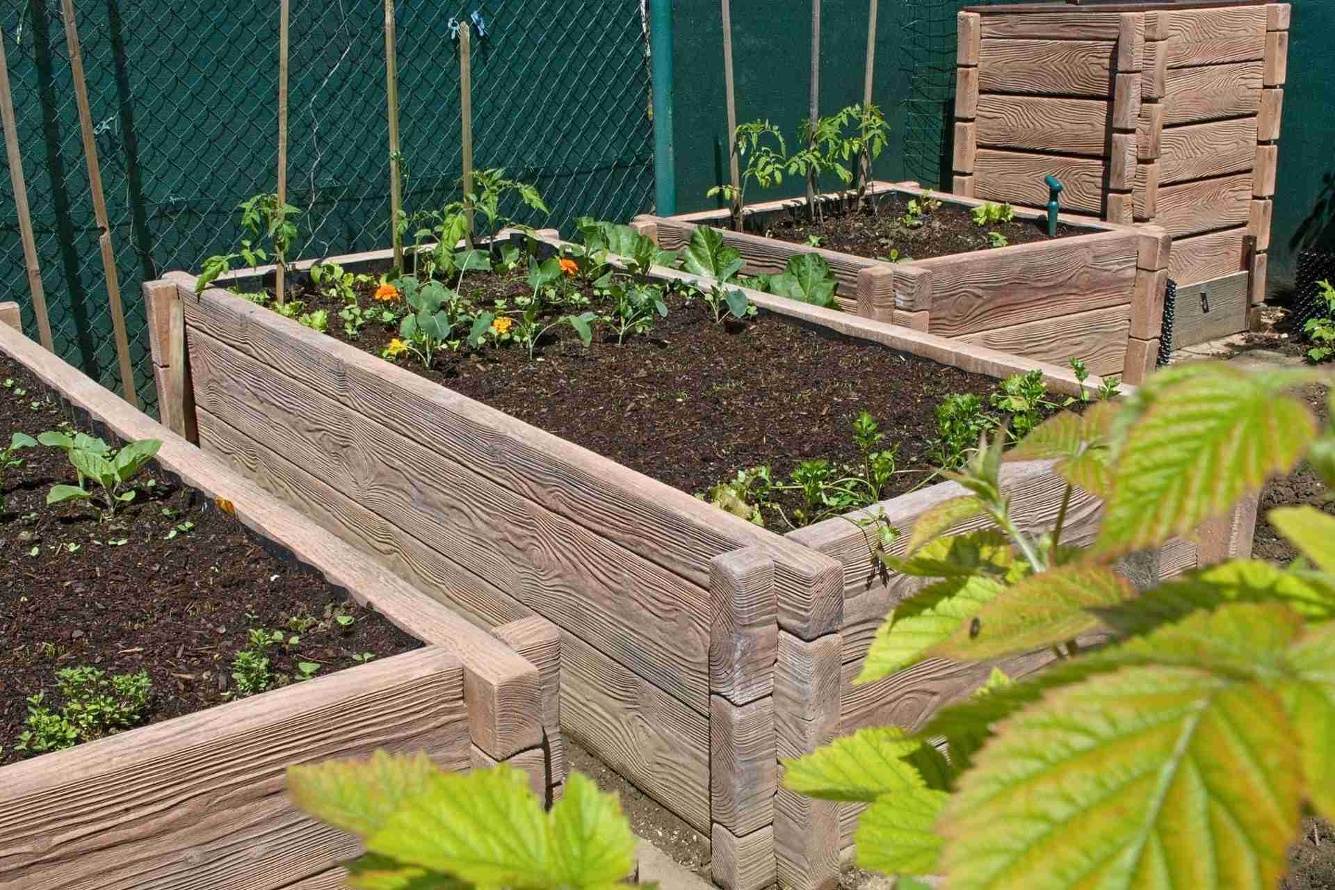 záhony z betonového dřeva vhodné pro pěstování ovoce, zeleniny i květin a kompostér z betonového dřeva v pozadí